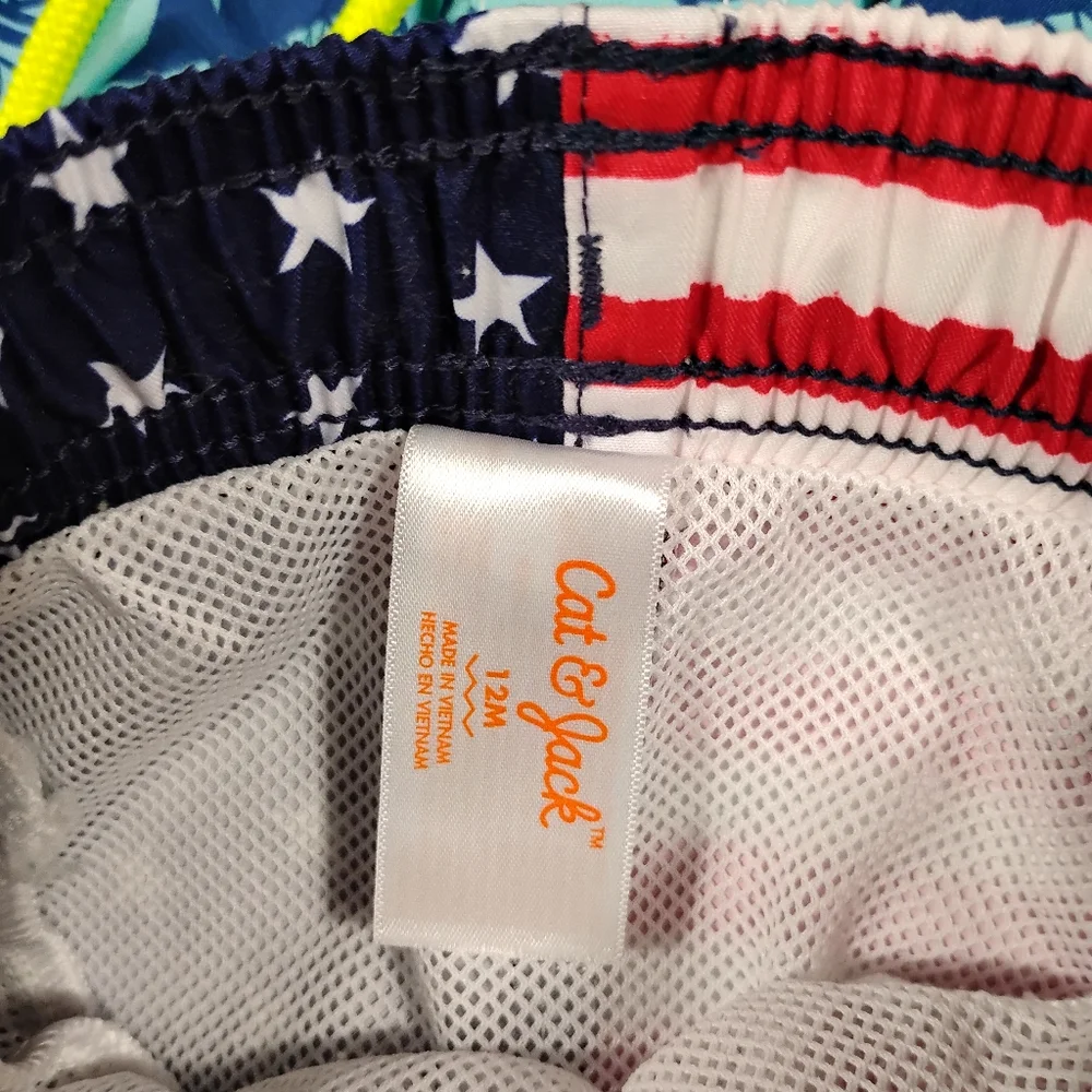 Carter's Cat & Jack Infant Baby Boy’s Size 12 Mos. Swim Shorts Trunks Shark Flag - Picture 3 of 4